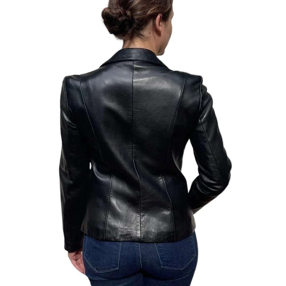 MICHAEL HOBAN NORTH BEACH BLACK LEATHER 90S 3 BUTTON NOTCH COLLAR BLAZER JACKET